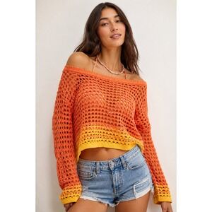 Aerie Crochet Sweater Boho Festival‎ Beach Mesh Orange Yellow Size Medium